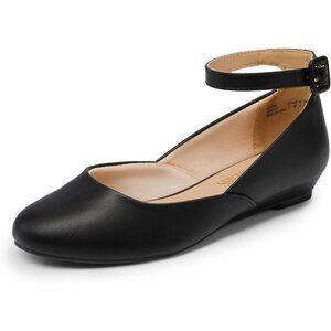Dream Pairs Women's Black Polyurethane Ankle Buckle Strap Low Wedge Flats Shoes